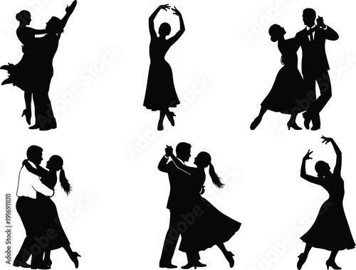 Silhouette dancing couples illustration, formal attire vector design, elegant partner dance poses, expressive movement icon, ballroom performance art, coordinated choreography  dancing couples 