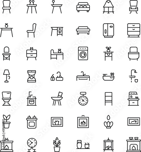 Modern home furniture and interior household line icon collection, minimal living room kitchen bedroom bathroom appliance outline set