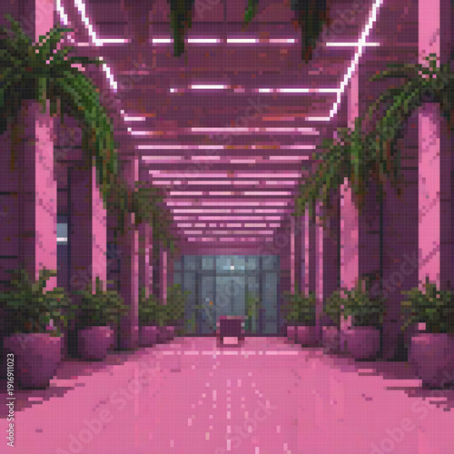 A pixel art image of a hallway with pink walls, green plants, and a chair.