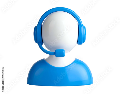 Simplified blue and white avatar wearing headphones and microphone