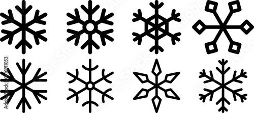 Collection of diverse snowflake icons simple flat vector symbols for winter weather and design elements isolated on white background