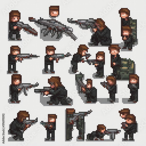A series of pixel art images featuring soldiers with various weapons, one with a dog and another with a child.