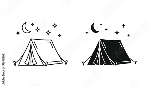 Black and white illustration of two tents under starry night sky with crescent moon