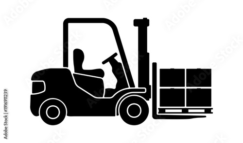 Black forklift carrying cardboard boxes on wooden pallet