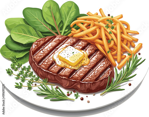 Grilled steak with butter and crispy french fries on white plate