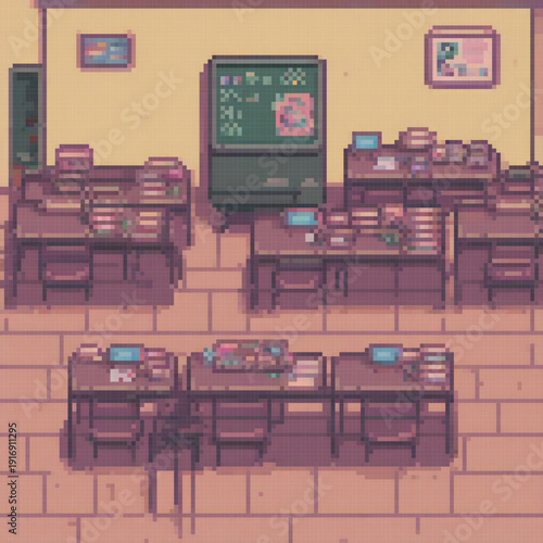 A pixel art image depicts a classroom with desks, a blackboard, and a variety of items like books, laptops, and chairs.
