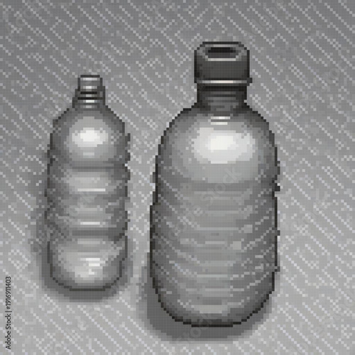 Two bottles, one with a twist-off cap and the other with a screw-on cap, are displayed in pixel art.