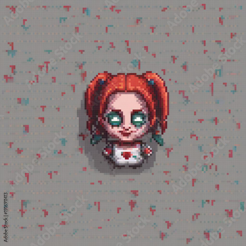 A pixel art image of a girl with red hair, a white heart, and a green eye, standing in a background with various symbols and patterns.
