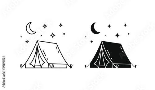 Black and white illustration of two tents under starry night sky with crescent moon