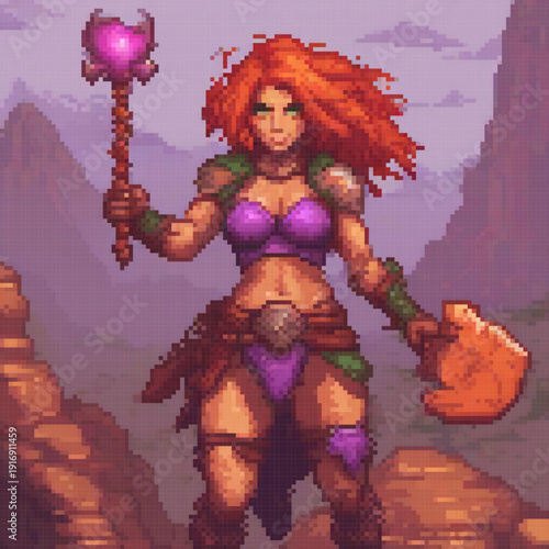 A pixel art image depicts a woman, possibly a warrior, standing in a desert with a purple robe and a purple staff.