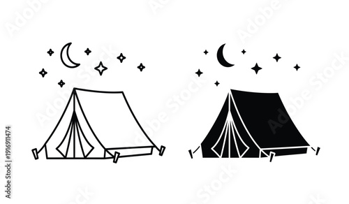 Black and white illustration of two tents under starry night sky with crescent moon