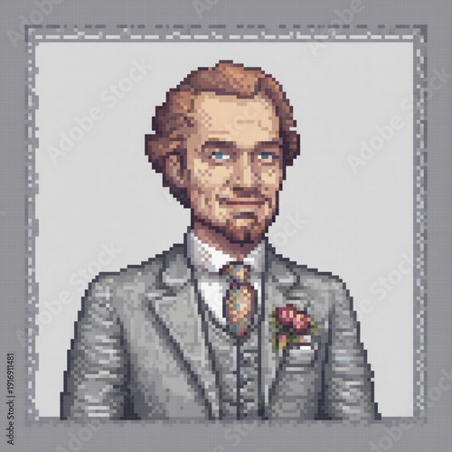 A pixel art image of a man in a suit, with a tie and a boutonniere, standing in front of a gray background.