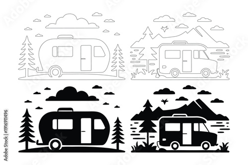 RV Camper Icons: Travel Trailer, Motorhome - Silhouette and Line Art