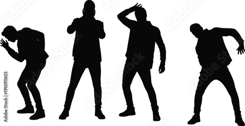 Silhouette people dancing poses, expressive movement illustration, dynamic body language icon, performance art vector design, gesture animation, visual storytelling concept