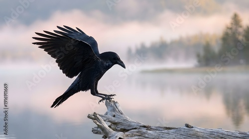 A detailed wildlife photograph captures a black raven perching on a weathered log, wings poised, creating a striking silhouette against the tranquil, cool light of the misty lake at dawn.
