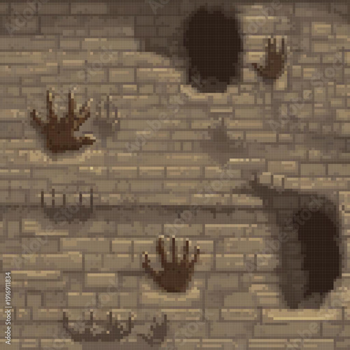 The image showcases a pixel art scene with a subject of hands, foreground details of dirt and grime, a background feature of a brick wall, and unique features like the presence of a hole.