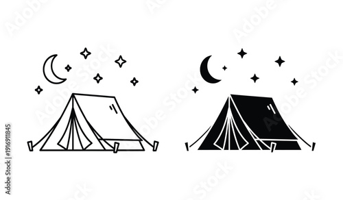 Black and white illustration of two tents under starry night sky with crescent moon