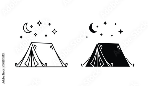 Black and white illustration of two tents under starry night sky with crescent moon