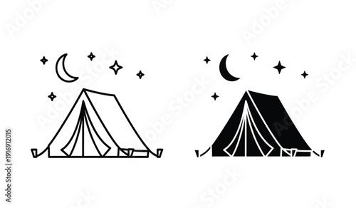 Black and white illustration of two camping tents under a starry night sky with crescent moon
