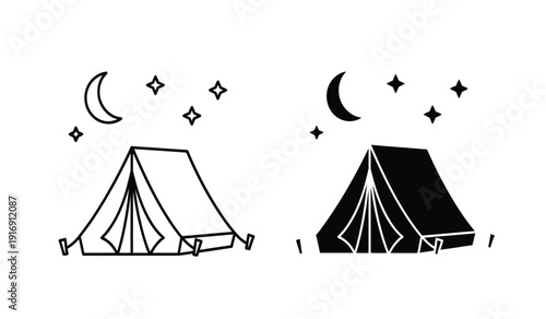 Black and white illustration of two camping tents under starry night sky with crescent moon