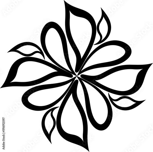 A black and white floral design with eight petals