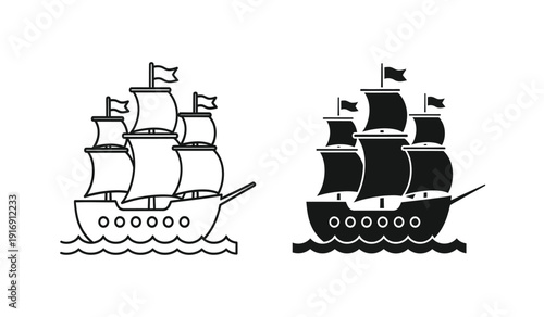 Two sailing ships with flags and sails on the water in black and white
