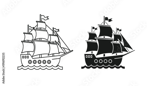 Two sailing ships with multiple masts and flags