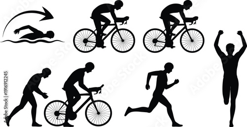 Triathlon silhouette illustration, swimming cycling running sequence, athlete victory finish line, endurance sports vector design, competition event progression concept