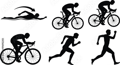 Triathlon silhouettes, swimming icon, cycling posture variations, running figures, athletic activities, endurance sports illustration, fitness competition, race sequence, training concept