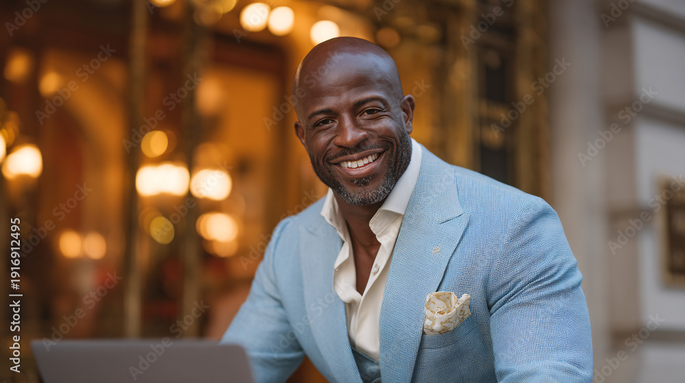 Obraz premium A smiling man in a light blue suit outdoors with warm lighting.