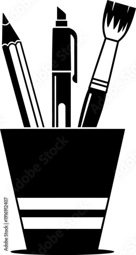 Black and white illustration of art supplies in container