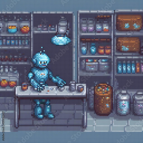 A pixel art scene depicts a robot in a lab, surrounded by shelves of bottles and jars.
