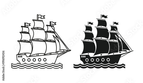 Black and white clip art of two sailing ships on water
