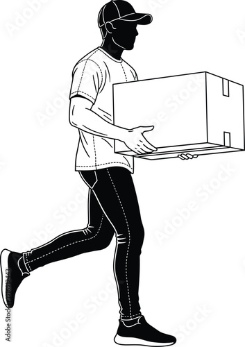 Man running with large empty picture frame in urban setting