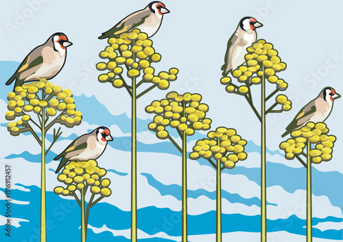 Goldfinches in migration perched on flowers against a blue background