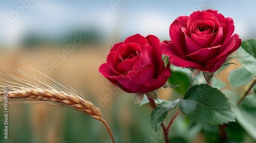 Two red roses are in a field of wheat. The roses are the main focus of the image, but the wheat in the background adds a sense of contrast and depth to the scene