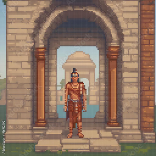 A pixel art image depicts a warrior standing in front of an archway, with a background of a courtyard and a unique feature of a water body.