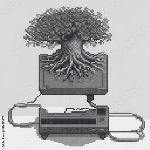 A pixel art image features a tree growing from a computer's roots, with a vintage TV and CD player in the background.