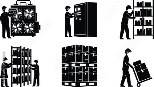 Warehouse worker silhouettes with pallet boxes, shelving units, hand truck, machine inspection, control panel operation, logistics, industrial equipment illustration