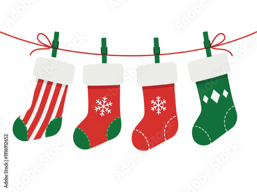 Christmas stockings hanging on a line with clothespins and red string  festive holiday decoration  seasonal fun  cozy winter  traditional christmas  holiday cheer
