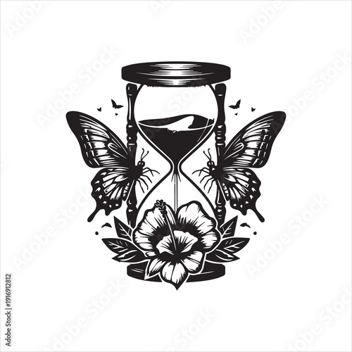 Black and white vector illustration of an hourglass with butterflies and a flower, featuring a logo design with vector graphics and illustration elements on a clean white background.