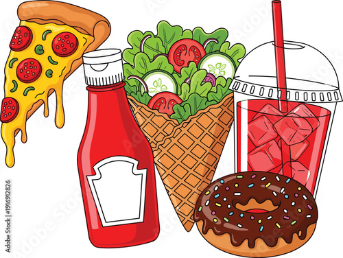 Colorful fast food and drink set with pizza, burger, salad, and soda