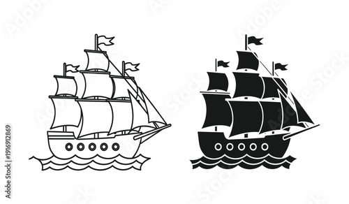 Black and white clip art of two sailing ships with flags and masts on waves