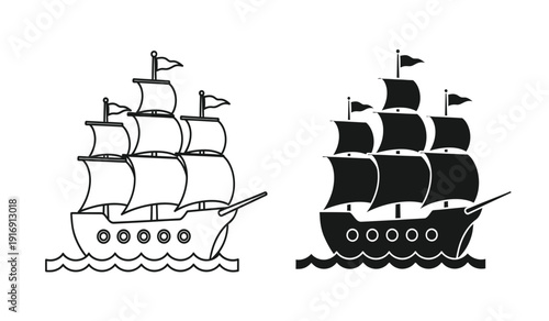 Black and white clip art of two sailing ships with multiple masts on waves