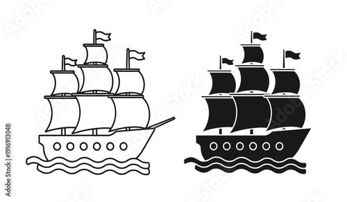 Two sailing ships with multiple sails and flags on the water