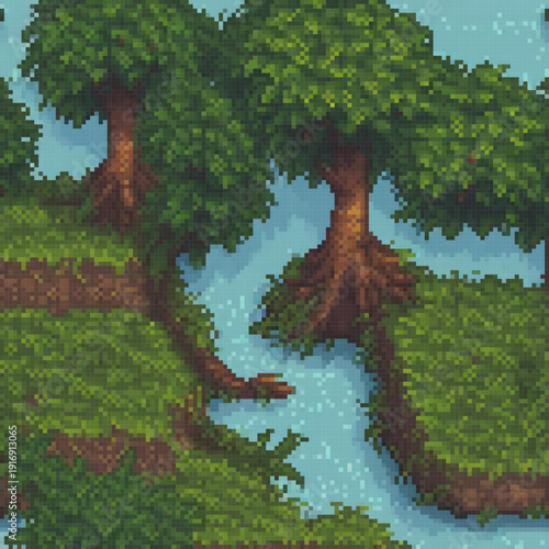 The image showcases a lush green forest with a river running through it. The trees are large and the water appears calm.