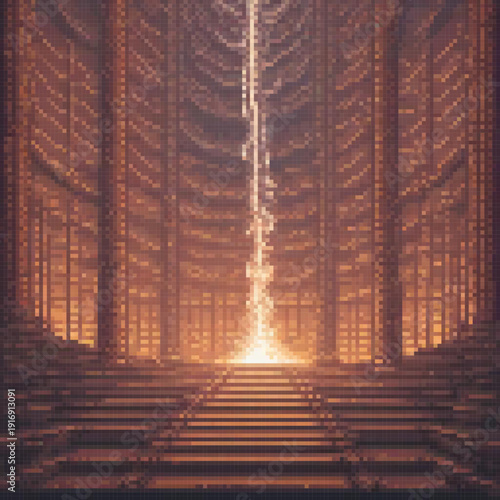 A pixel art image of a grand hall with a glowing chasm, stairs, and a stone archway.