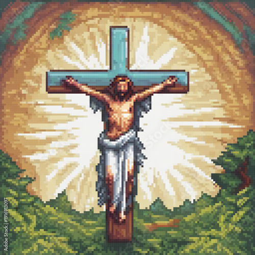 A pixel art image depicts Jesus Christ standing on a cross, with rays of light surrounding him.
