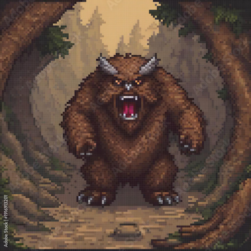 A pixel art image depicts a large brown bear with menacing eyes and a ferocious expression, standing in a forest with trees and rocks.
