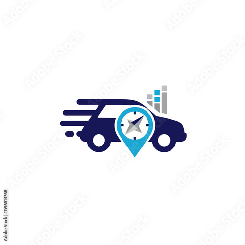 Delivery Car with Clock and Location Pin.